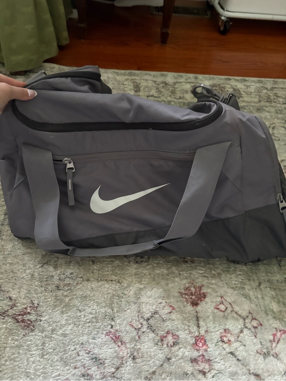 Nike Gray and Black Men's Duffel Bag with White Swoosh